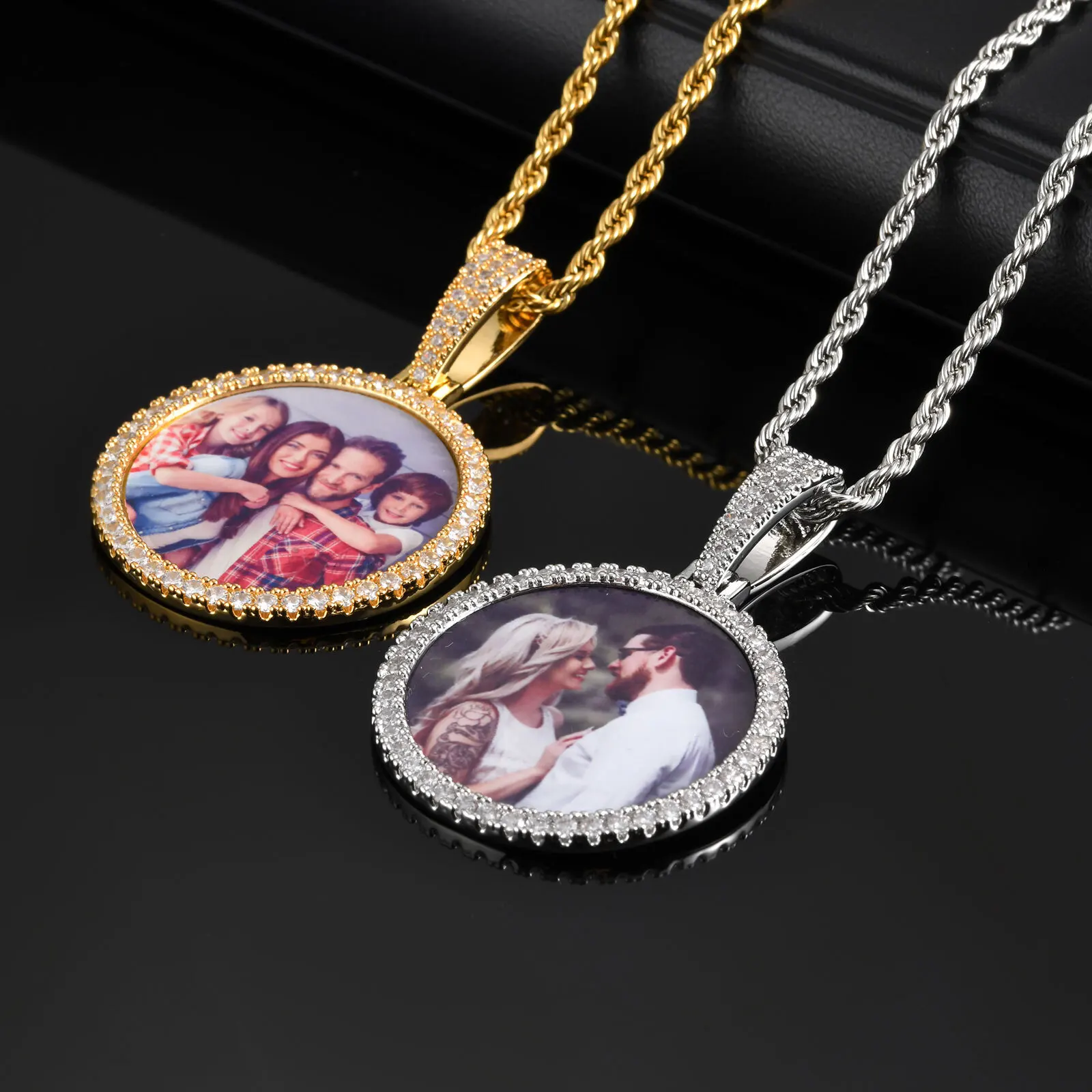 Vnox Free Custom Round Photo Frame Necklaces Gift for Women Men,Big Coin Pendant Zircon Stone Circle,Family Picture Gift to Dad