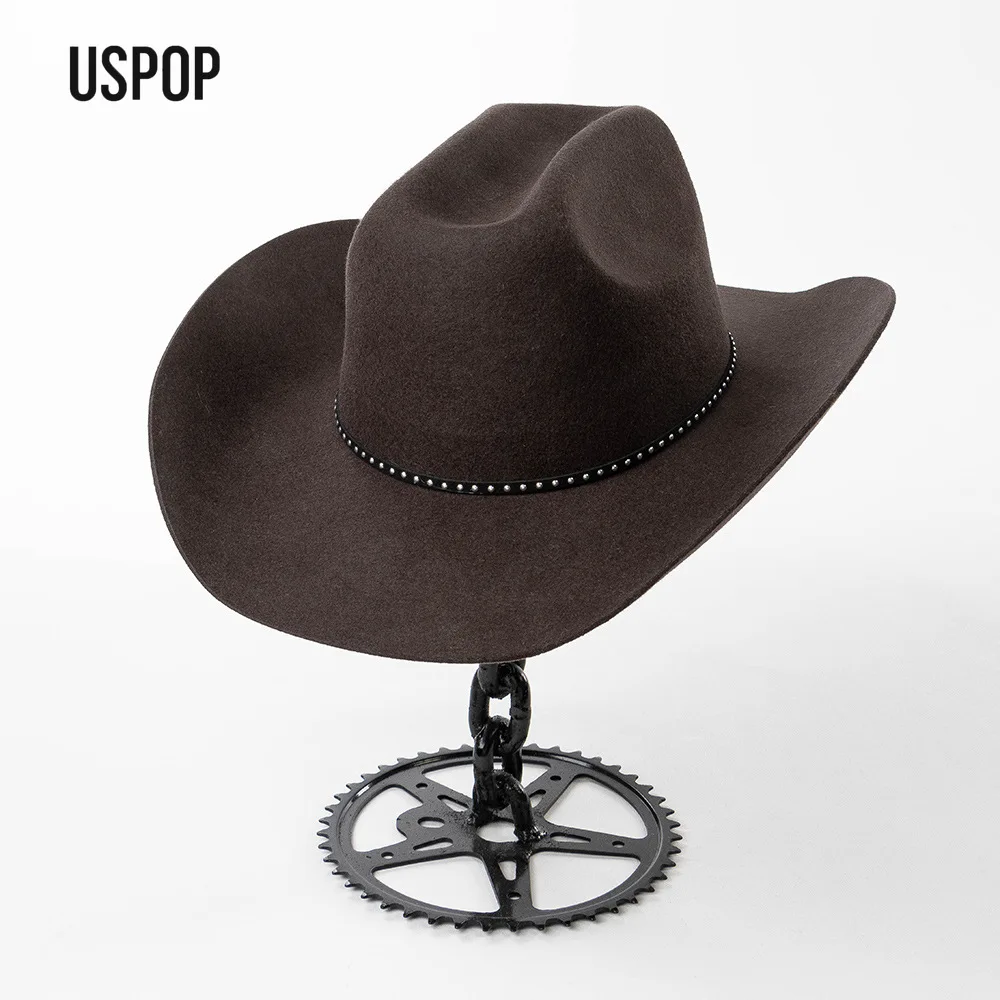 USPOP Unisex Wool Felt Cowboy Hat with Studded Belt Spring Autumn 100% Wool Fedora Wide Brim Curved Edge Outdoor Warm Hat