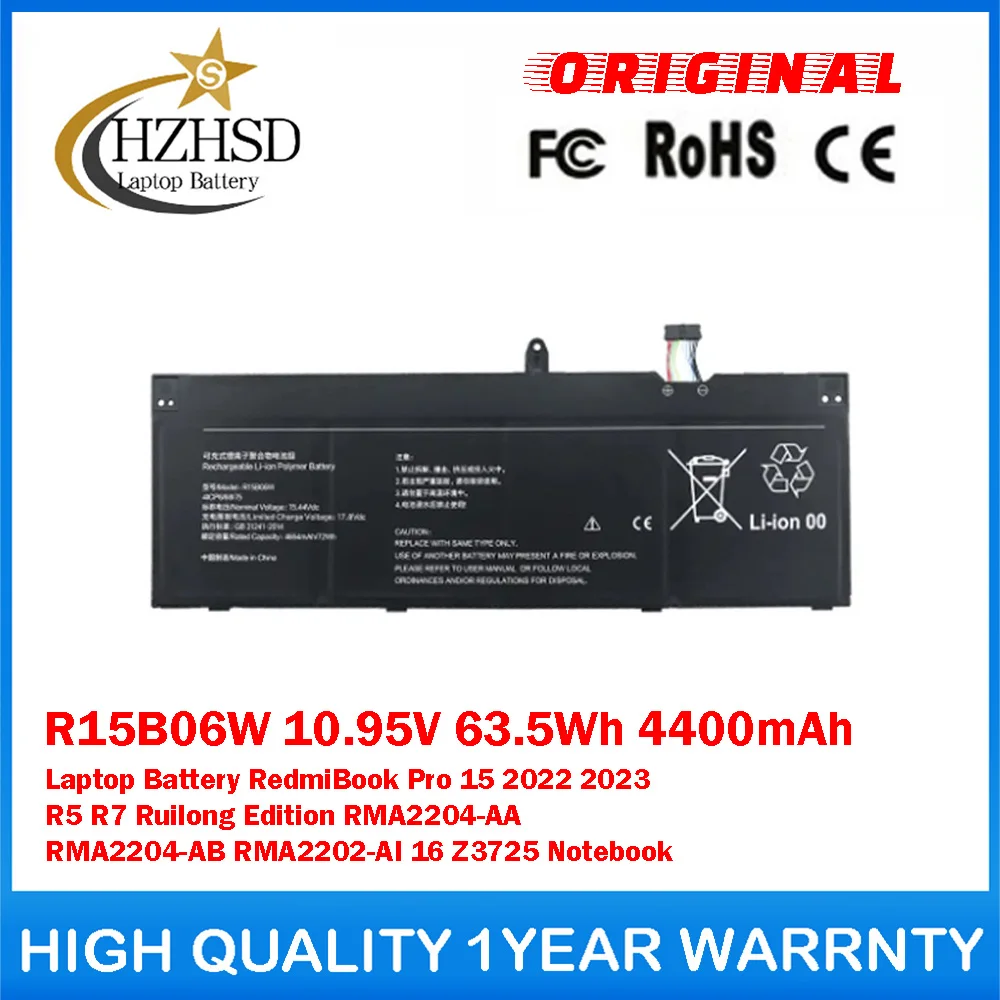 R15B06W 10.95V 63.5Wh Genuine Original Laptop Battery For Xiaomi RedmiBook Pro 15 2022/23 R5 R7 RMA2204-AA RMA2204-AB RMA2202-AI