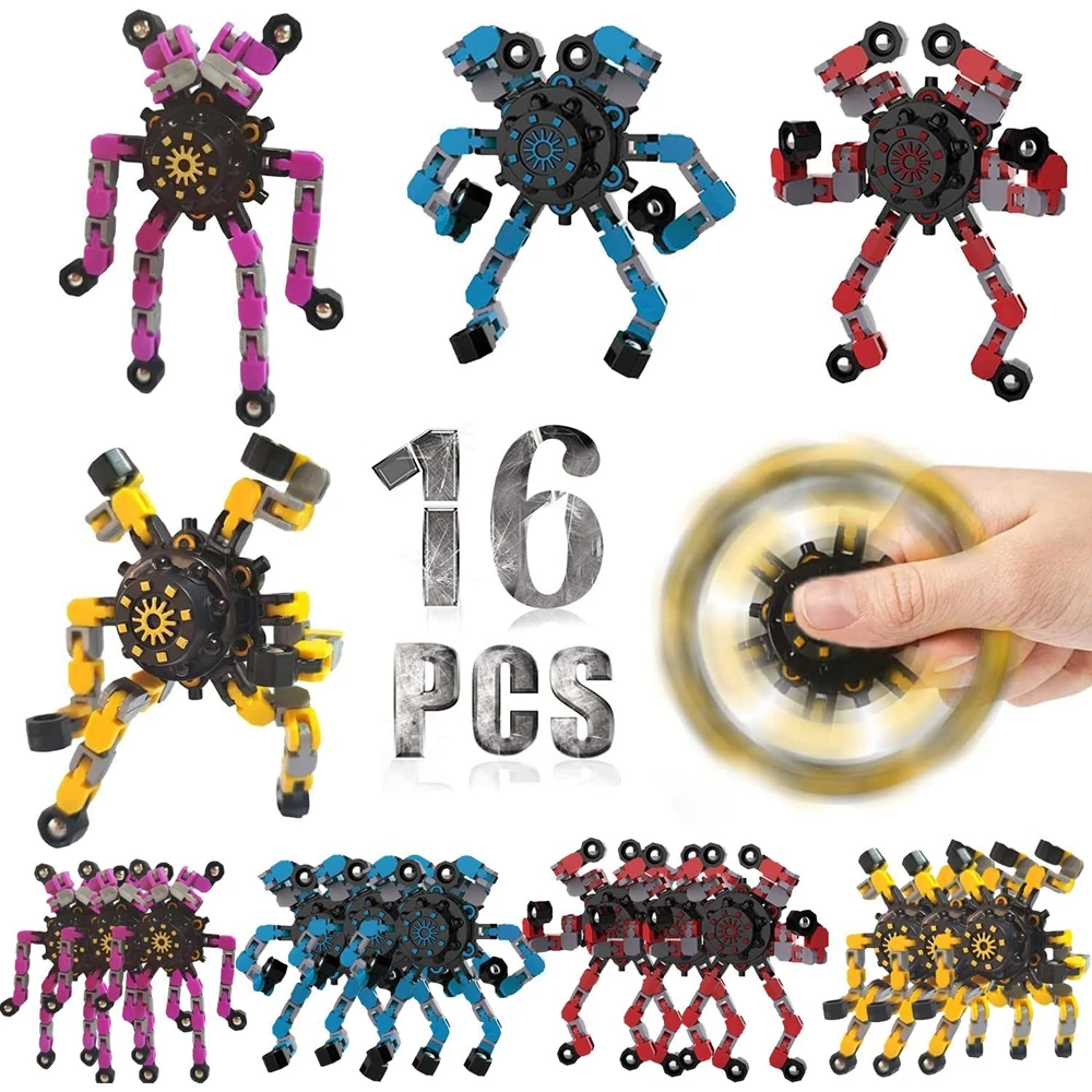 12/16PCS Funny Sensory Fidget Toys Deformable Chain Robot Spinners Fingertip Stress Relief Gyro Toy Party Favors for Kid Adults