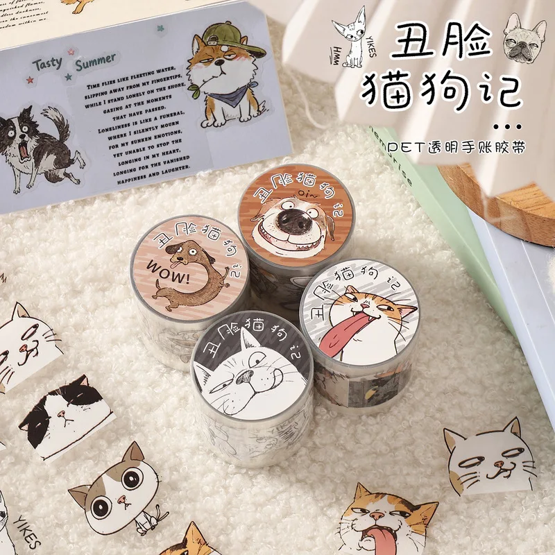 1Roll Sketch Style Pet Character PET Tape Cartoon Cat Dog Decor Stickers for Journal Album DIY Craft Projects
