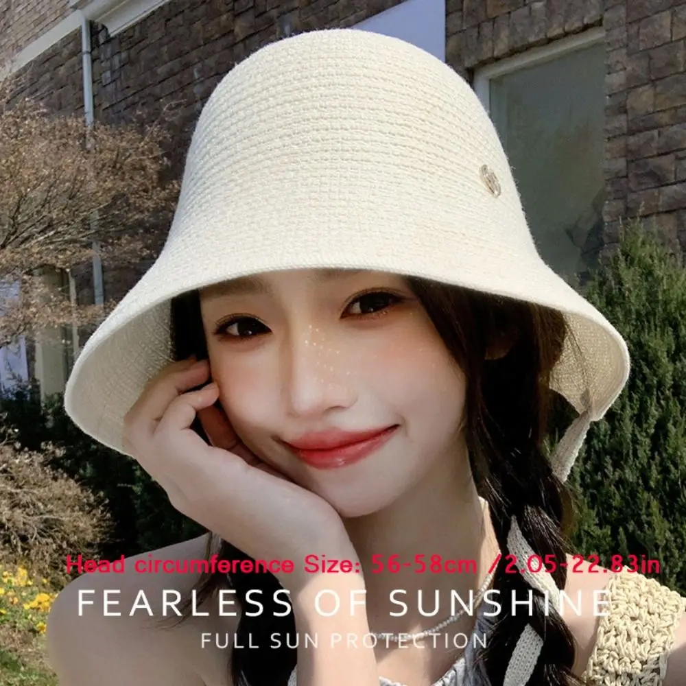 قبعة دلو بحزام على شكل فيونكة صيفية قابلة للتنفس بحافة واسعة واقية من الشمس للحماية من الشمس، قبعة صياد قابلة للطي