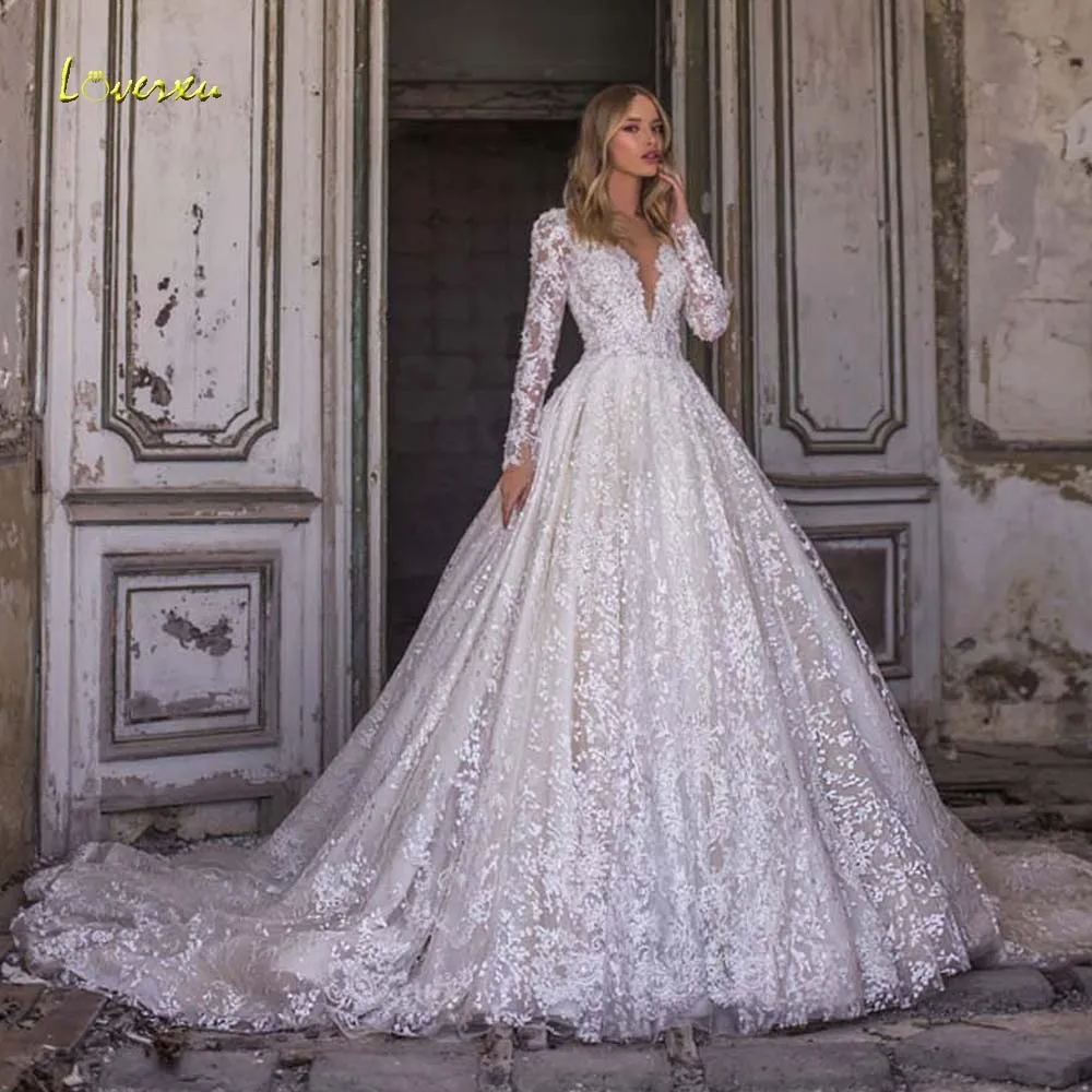 

Loverxu A-Line Princess Wedding Dresses 2024 V-Neck Long Sleeve Vestido De Novia Lace Glamorous Appliques Shiny Robe De Mariee