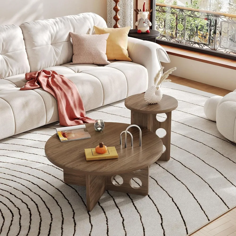 Modern 31.5 Round Nesting Coffee Table Set, 2-Piece Wooden Side Tables for Small Spaces, Brown Grain Top with Adjustable Non-Sli