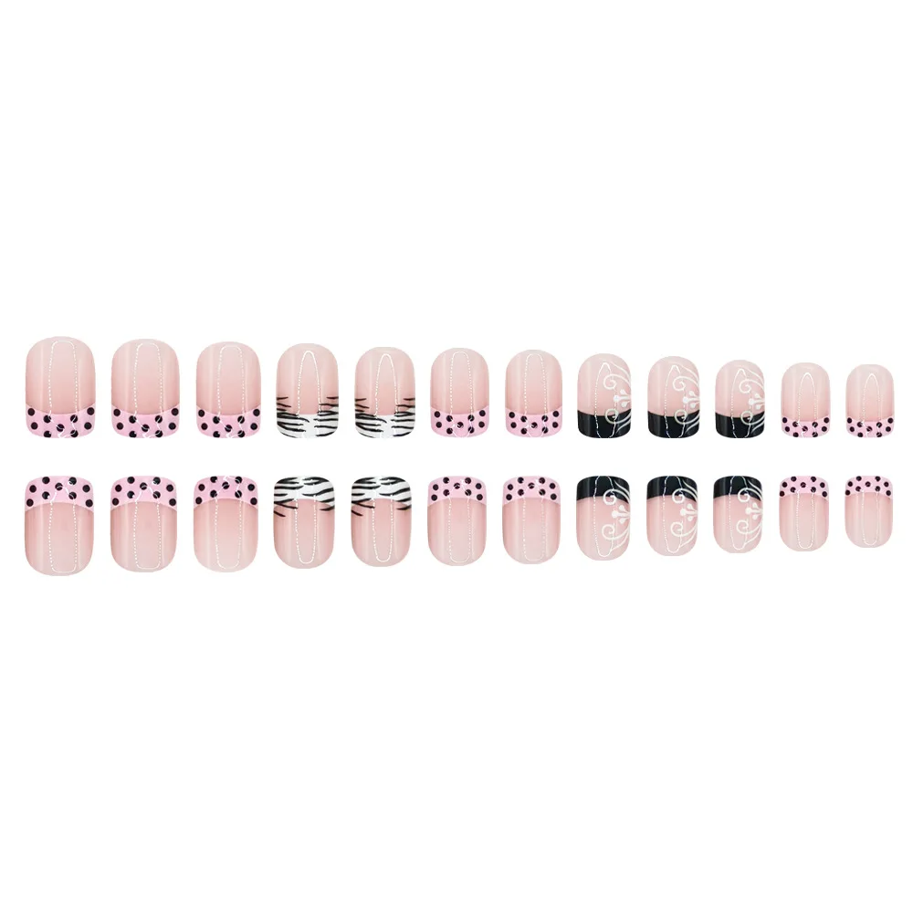 24 Stück Aufklebenägel Schwarz Weiß Gepunktet Kurze Quadratische Künstliche Fingernägel Vollständige Abdeckung Acryl-Nagelspitzen – Detail 6