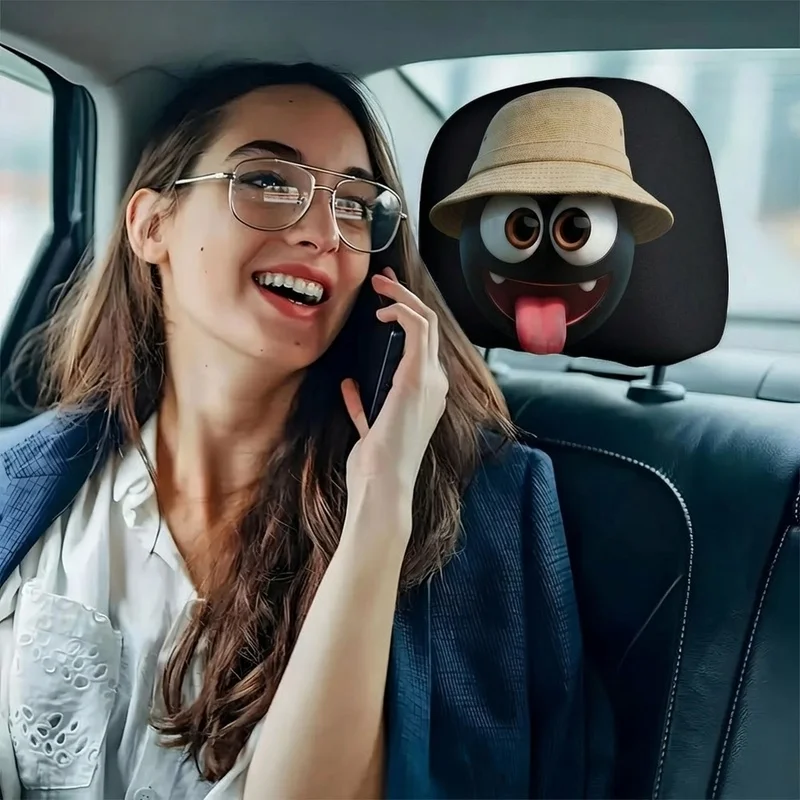 1/2 Pcs Car Headrest Covers, Goofy Cartoon Smiley Face Straw Hat Print, Car Interior Accessories