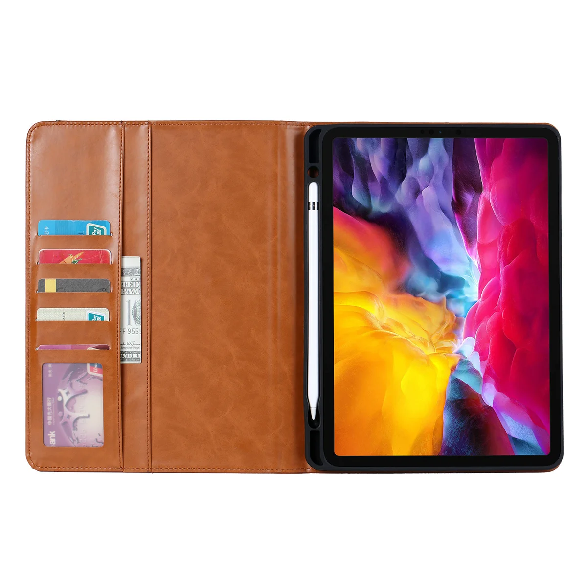 Luxury Leather Texture Business Card Holder Flip Case for iPad Pro 12.9 2022/2021/2020/2018 Magnetic Flip Cover with Pen Slot