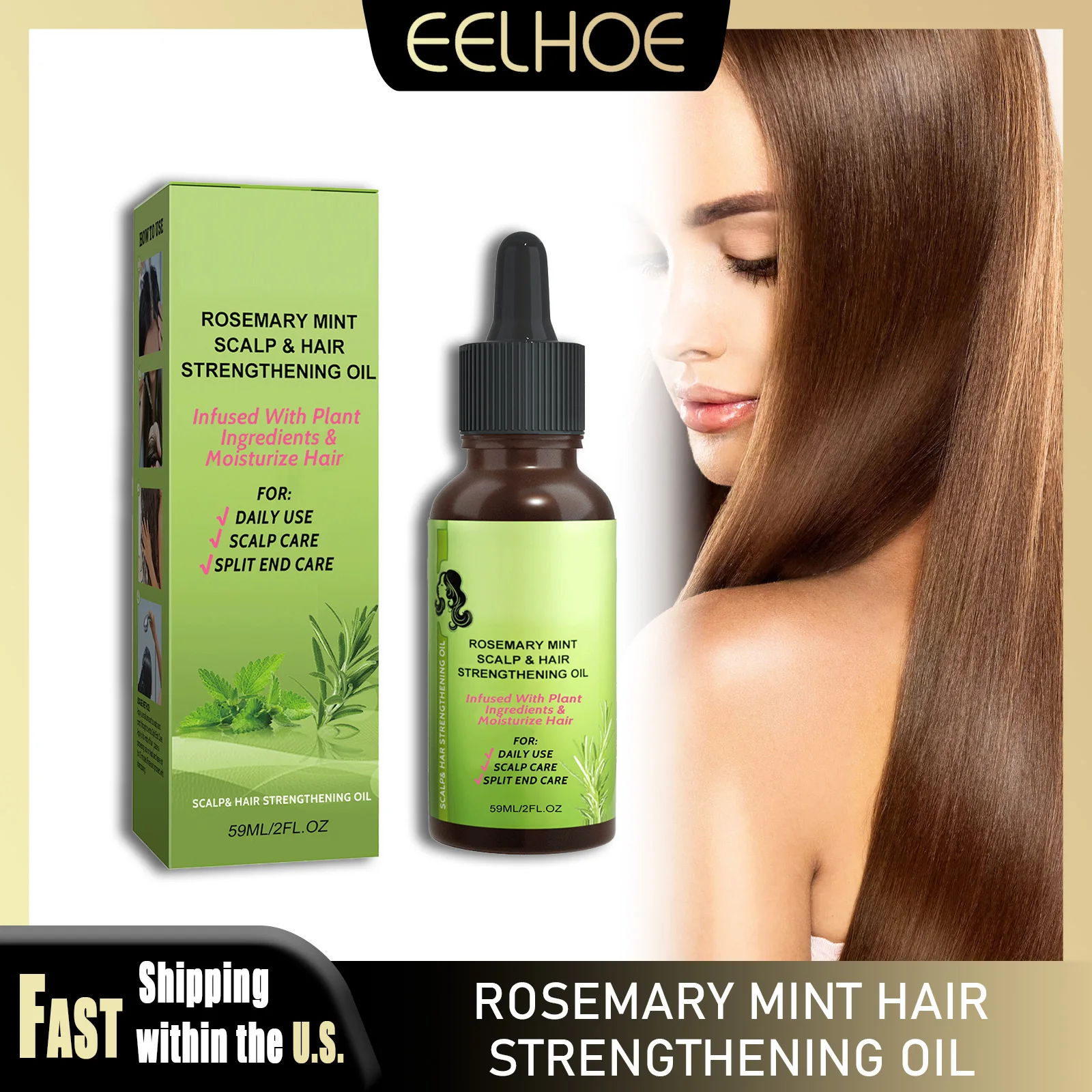

EELHOE Масло для волос с розмарином и мятой, укрепляющее волосы и кожу головы, питательное корни волос, восстановление сухих секущихся кончиков, гладкий, блестящий уход за волосами