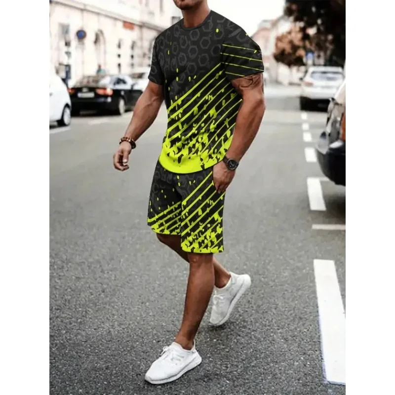 2025 Men's Summer Casual Short Sleeved Shorts 2-piece Set with Unique 3D Geometric Printing Outdoor Sports Polyester Fiber