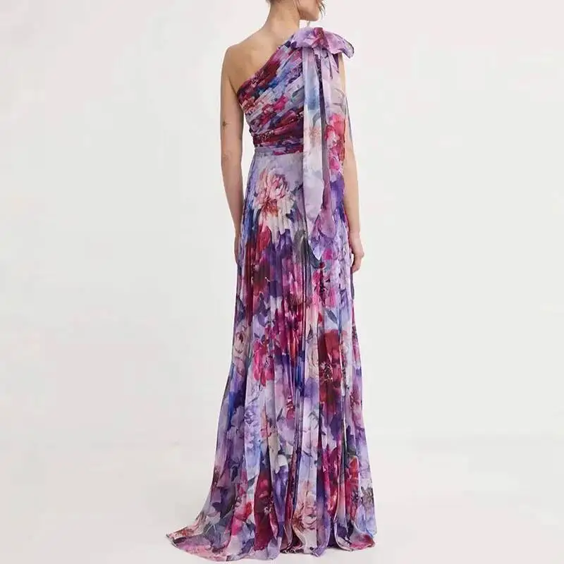 Boho Style Floral Print Pleated Maxi Womens Sexy One Shoulder Bowknot Party Summer Backless Hollow Long Dress