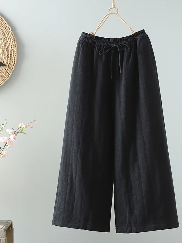 Loose Wide Leg Pants Women's Casual Cotton Linen Trousers Winter Outerwear Elastic Waist Loose Fit Pants Pure Color High Waist