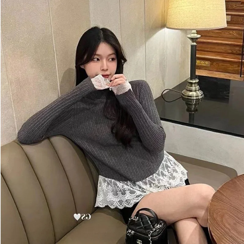 

Lace Trim Splice Knitted Sweater Women's Spring New f High Collar Long Sve Inner Wear Base irt Top