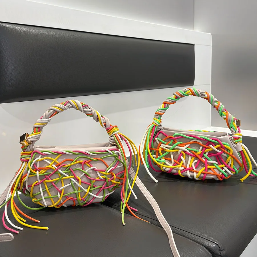 Creative Colorful Braided Knot Handbag European Fashion Women Hollow Out Design Color Block Tassel Unique Casual Party Bags