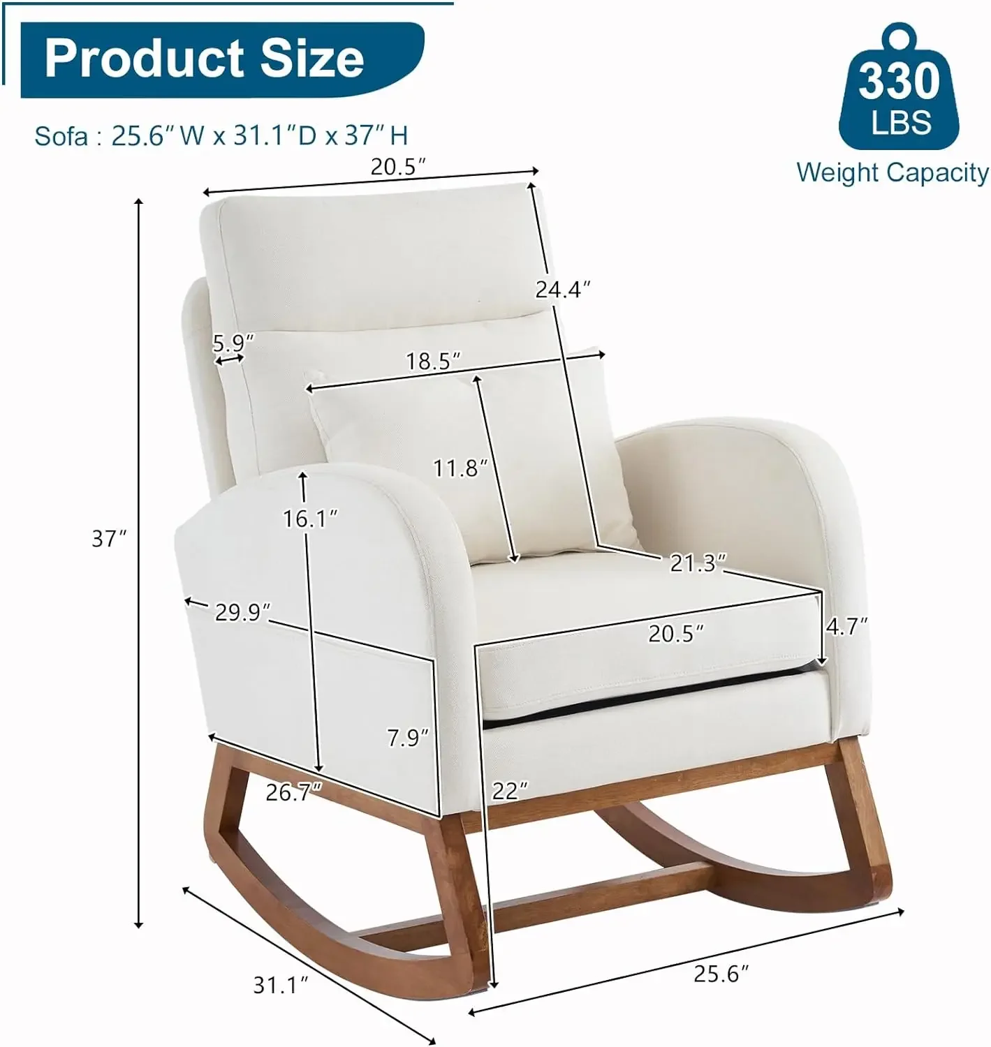 Linen Rocking Chair Nursery with Thick Headrest, Upholstered Mid-Century Modern Nursing Rocker Glider with Curved Armrest