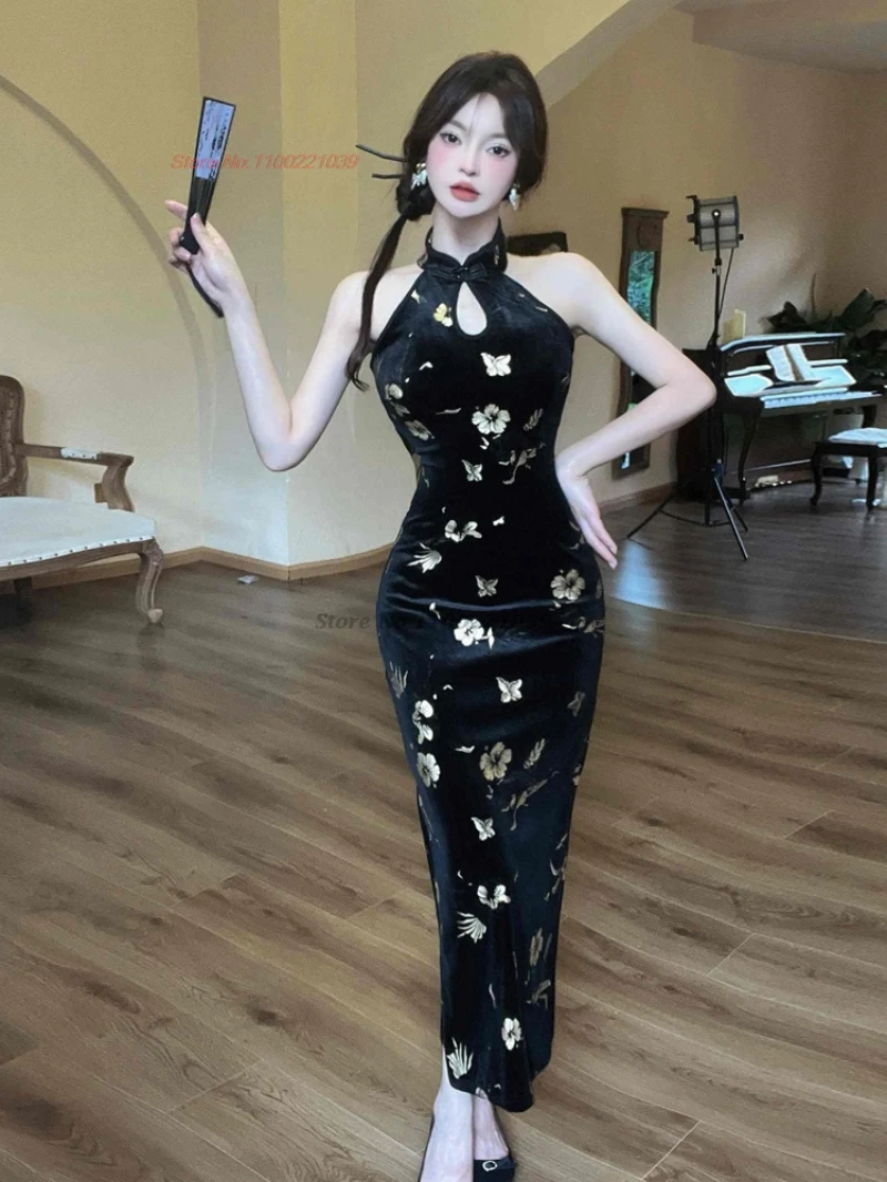 

2025 chinese improved cheongsam sleeveless velvet qipao flower print evening dress traditional banquet qipao nightclub dress