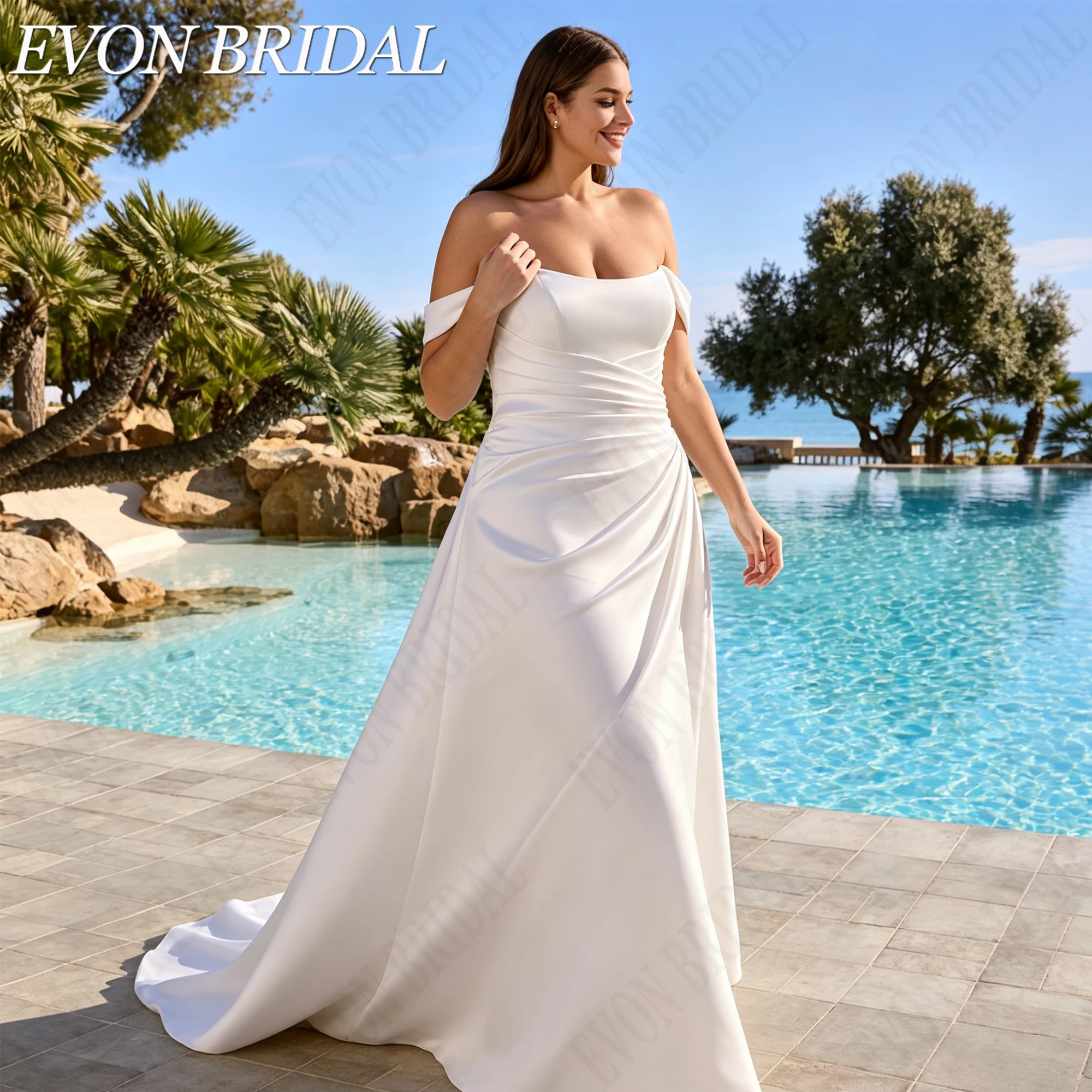 EVON BRIDAL Платье невесты атласное без бретелек большие размеры съемные рукава силуэт А классическое свадебное платье на заказ для женщин роскошное атласное свадебное платье фигура А под индивидуальный пошив простое