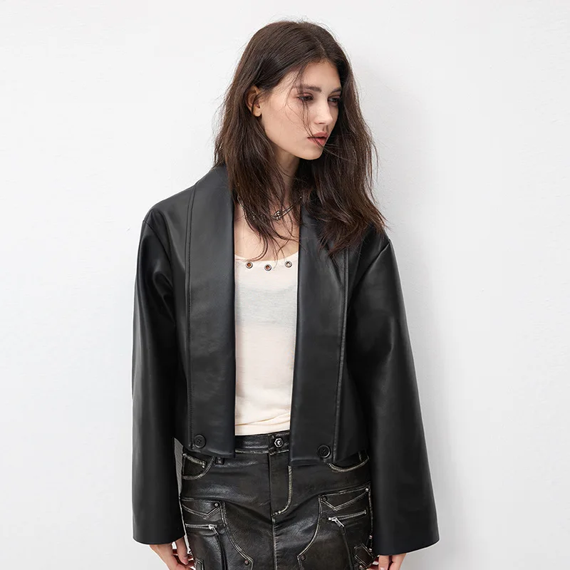 Leather Coat Fruit Collar Leather Coat Women Genuine Leather Short Black Sheepskin
