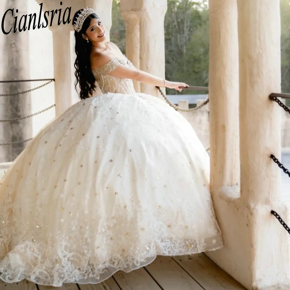 

Шампанское с открытыми плечами, платья Quinceanera, бальное платье с аппликацией, кружево, сладкий 15, мексиканский индивидуальный заказ