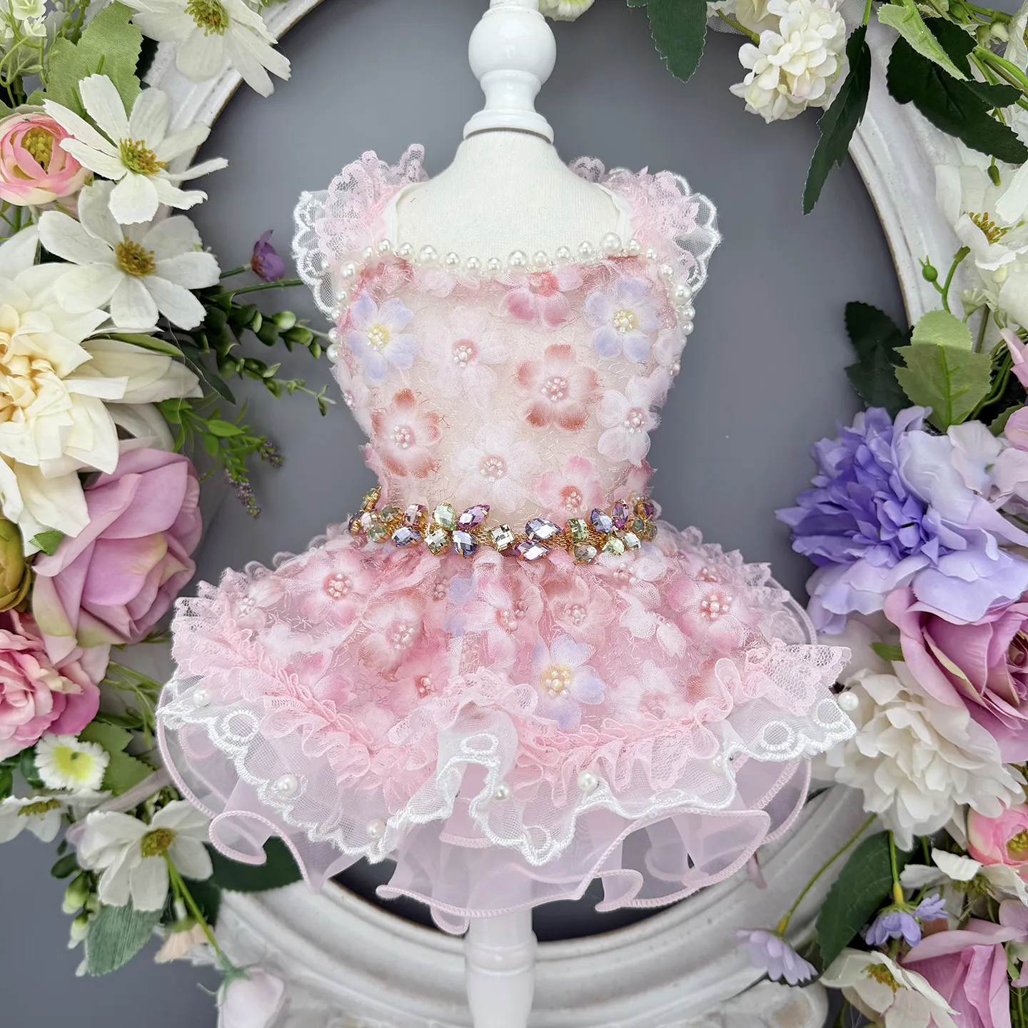 Handmade Sping Summer Pink Lace Dog Dress Luxury Tulle Skirt Princess Gown for Small Pets Wedding Birthday Party Formal Costume
