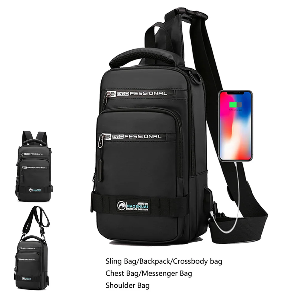 Men Cross body Sling Chest Bag Backpack with USB Charging Port Travel Sport Fashion Waterproof Nylon Male Shoulder Messenger Bag