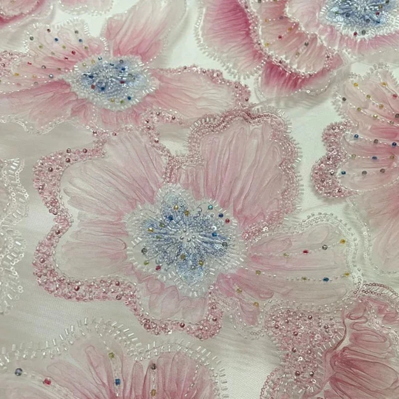 French fashion light pink disc-shaped floral pattern sequin mesh fabric - formal dress and wedding gown lace fabric
