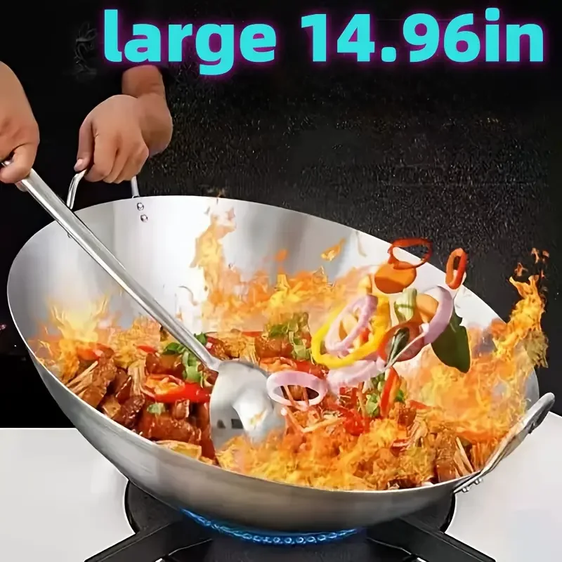 Wok extragrande de acero inoxidable con asas dobles, sin revestimiento antiadherente para cocinas familiares, restaurantes, banquetes, regalo perfecto, 1 ud.