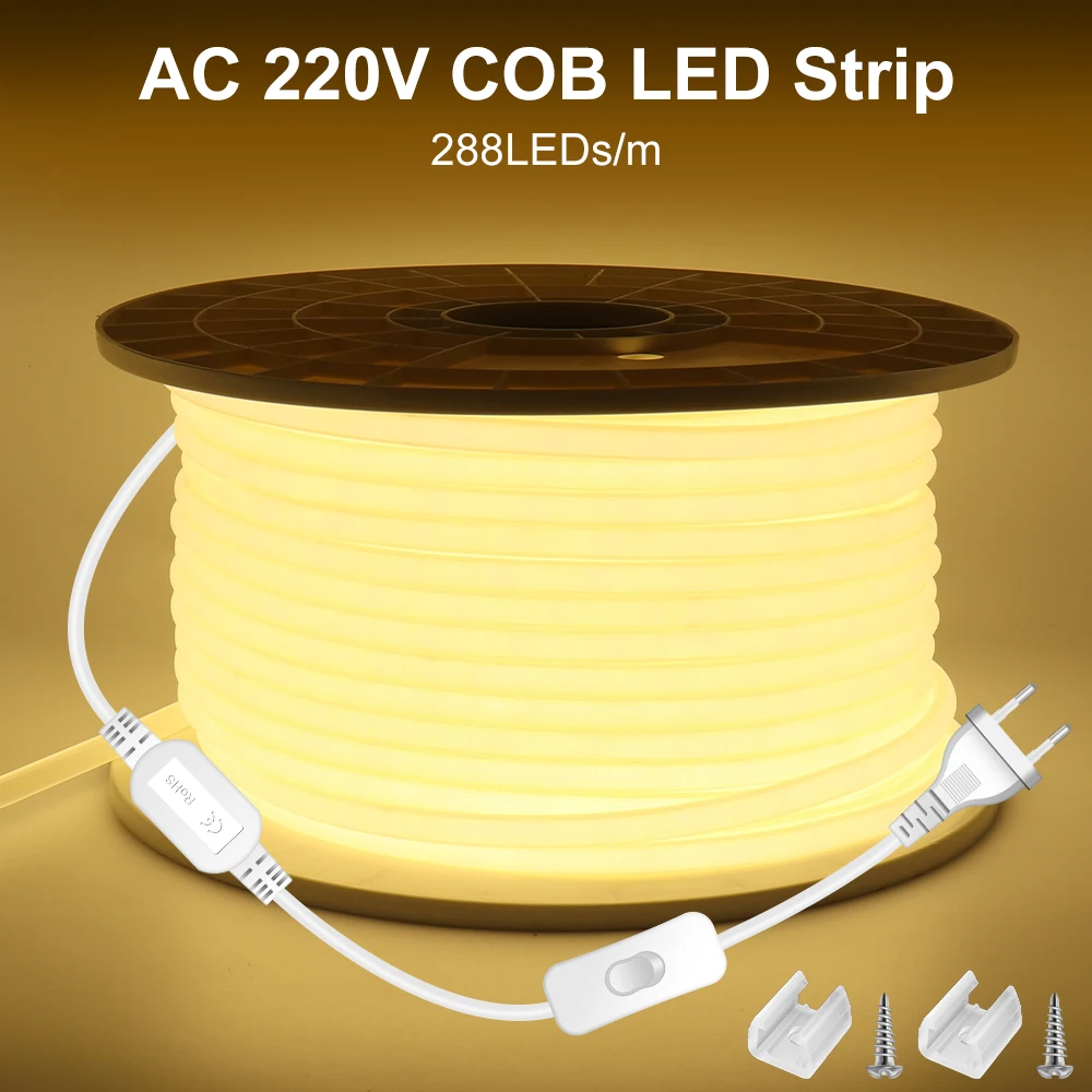 

220V COB LED Strip Light Waterproof IP67 10M 50M High Bright 288leds/M EU Plug Outdoor Garden LED Tape 3 Colors Lighting