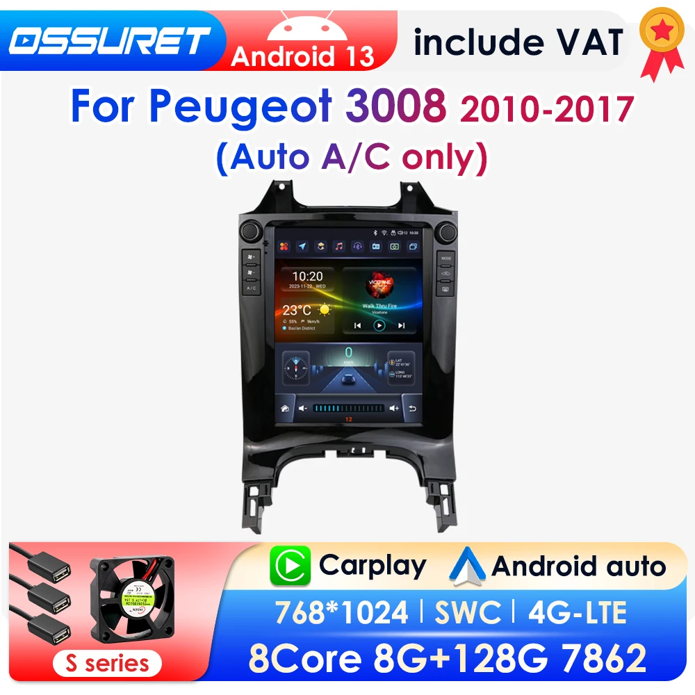 2 DIN Android 13 Autoradio für Peugeot 3008 2010–2017 Auto A/C nur Auto Multimedia Stereo 9,7 Zoll vertikaler Bildschirm Carplay 7862