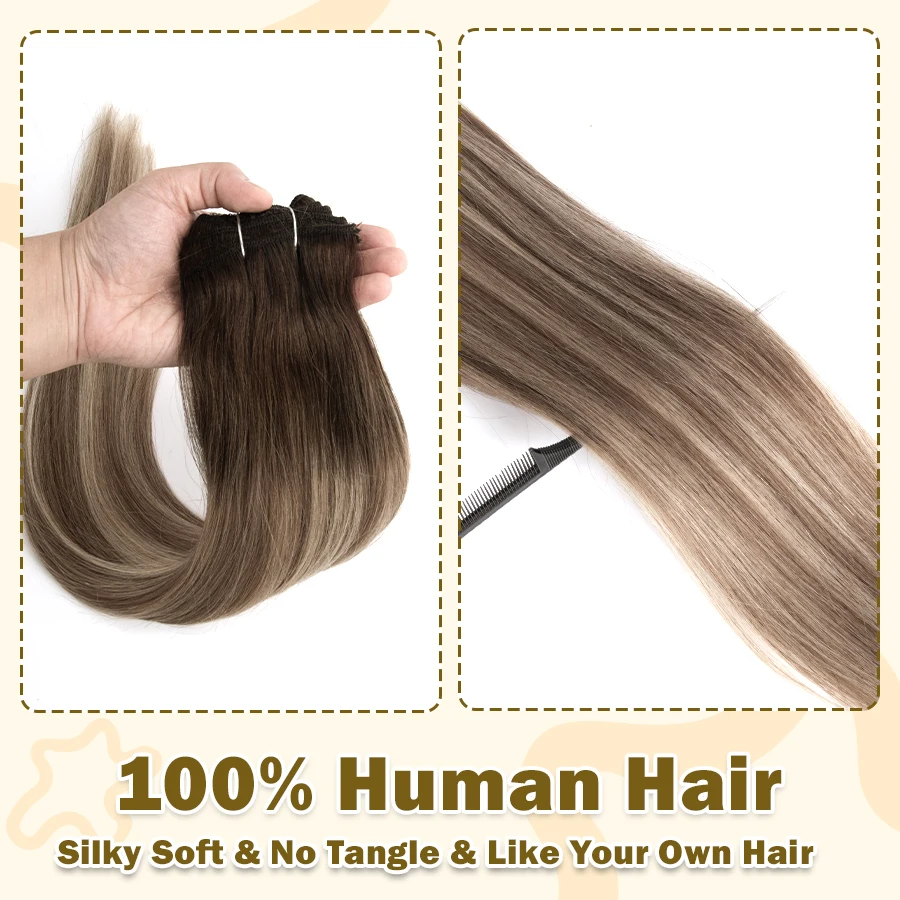 K.S WIGS Full Head Clip in Hair Extension Balayage Blonde Machine Remy Human Hair 100% Real Natural Hairpiece Clips On For Women