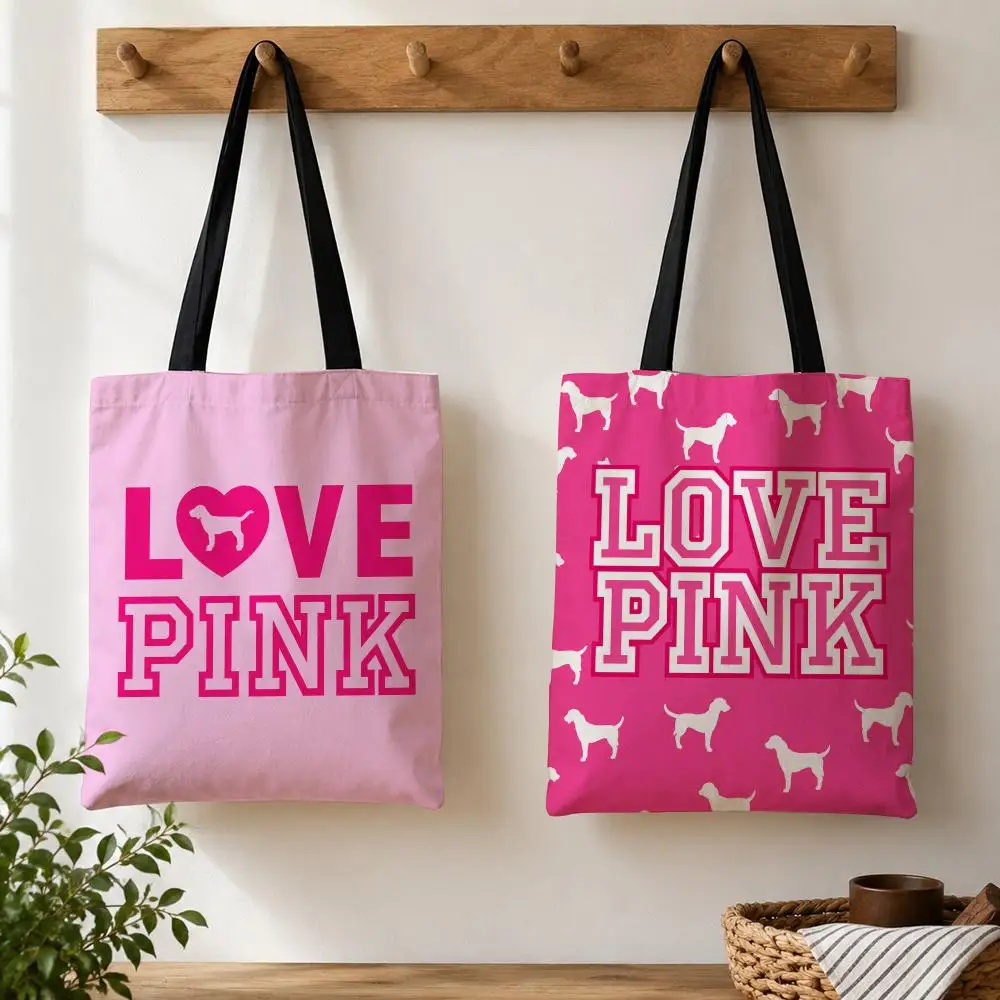 Fashion Love Pink Design Storage Bags Large Capacity Canvas Tote Bag Double-Sided Print Shoulder Handbag for Daily Shopping