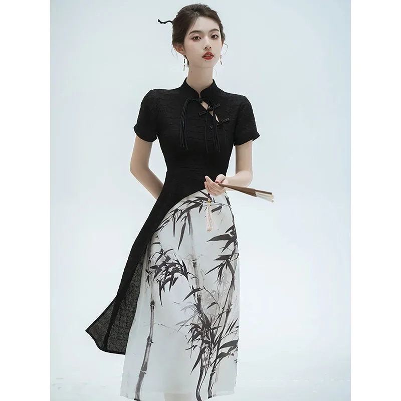 

Black New Chinese Style Cheongsam Women Short Sleeve Long Dress Wedding Costumes Ink Printing Gentleness Dresses S To XXL