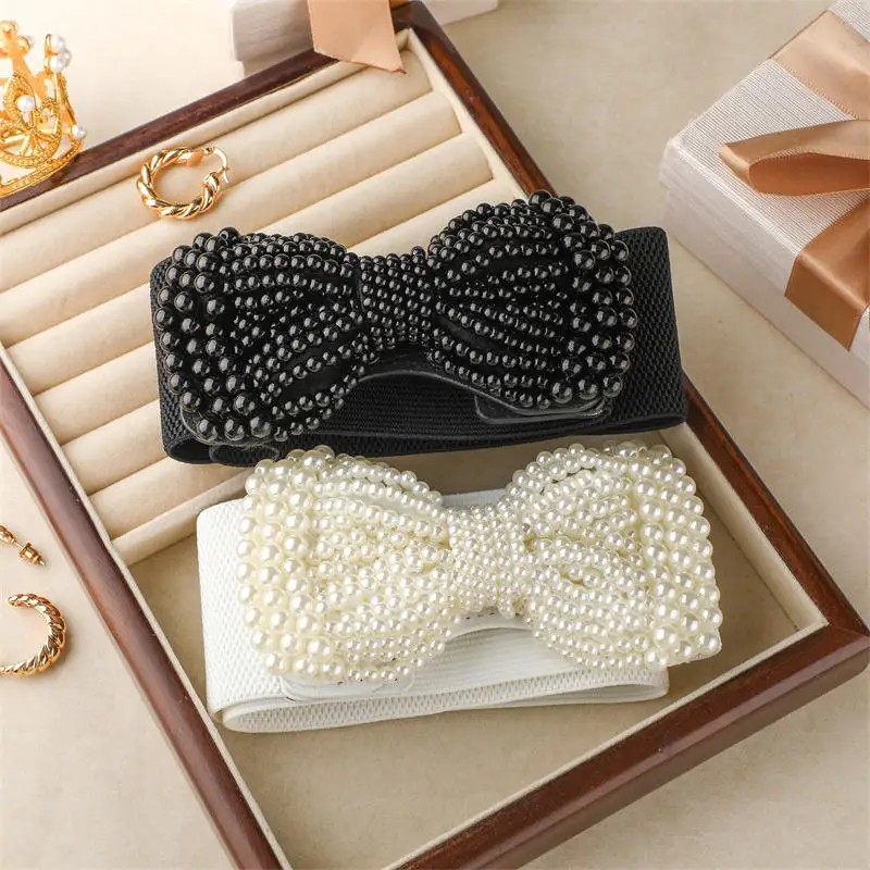 2025 Women's Elastic Wide Belt Pearl Waist Cover Versatile Dress Decoration High Quality Wide Pearl Bow Brown Belt