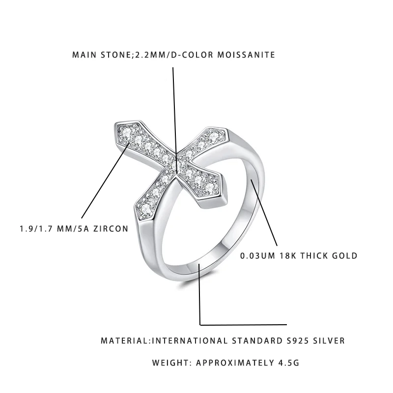 

Кольцо-крест из серебра S925 с муассанитом и позолотой 18K для женщин, с кубическим цирконием, обручальное, ювелирное изделие