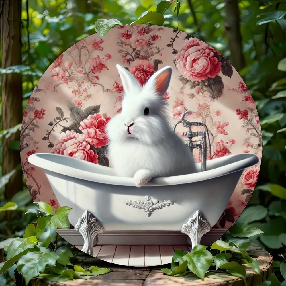 

2D Flat, Vintage Bathtub White Rabbit & Floral Design, Durable Iron Door/Wall Decor forGarden Ornament, Whimsical Design