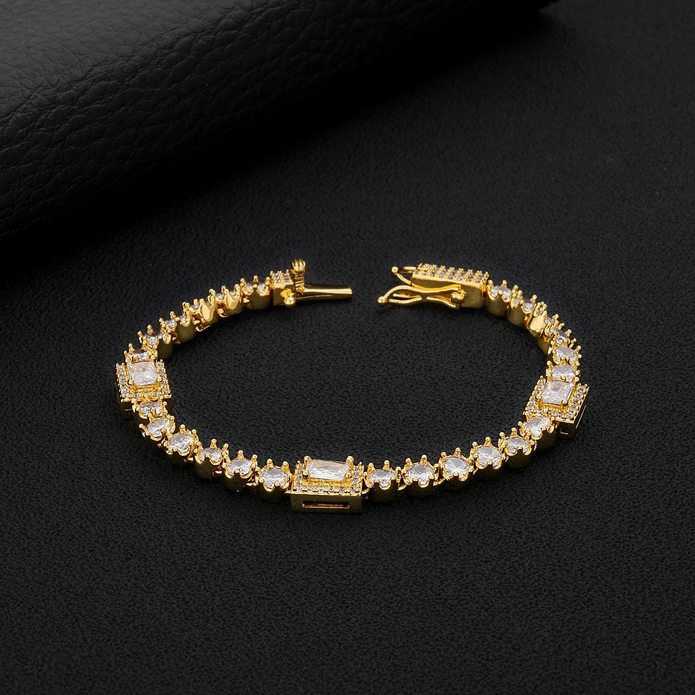 Iced Out Round Rectangle CZ Tennis Bracelet Gold Silver Plated Hip Hop Bling Cubic Zirconia Link Bracelet For Men Women Jewelry