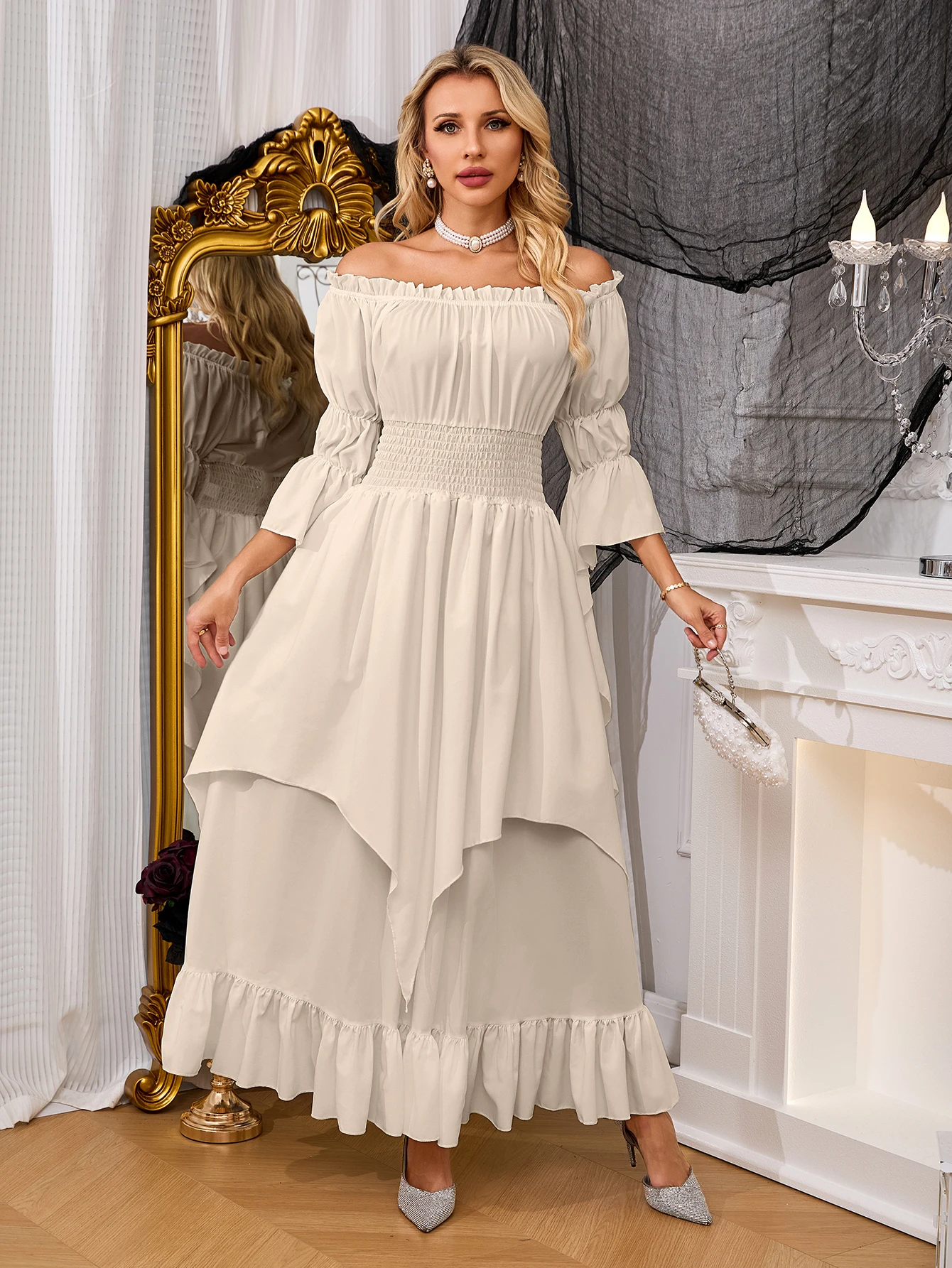 Beige Off Shoulder Ruffle Maxi Dress Smocked Waist Layered Irregular Hem Flare Sleeve Party Dress - view 4