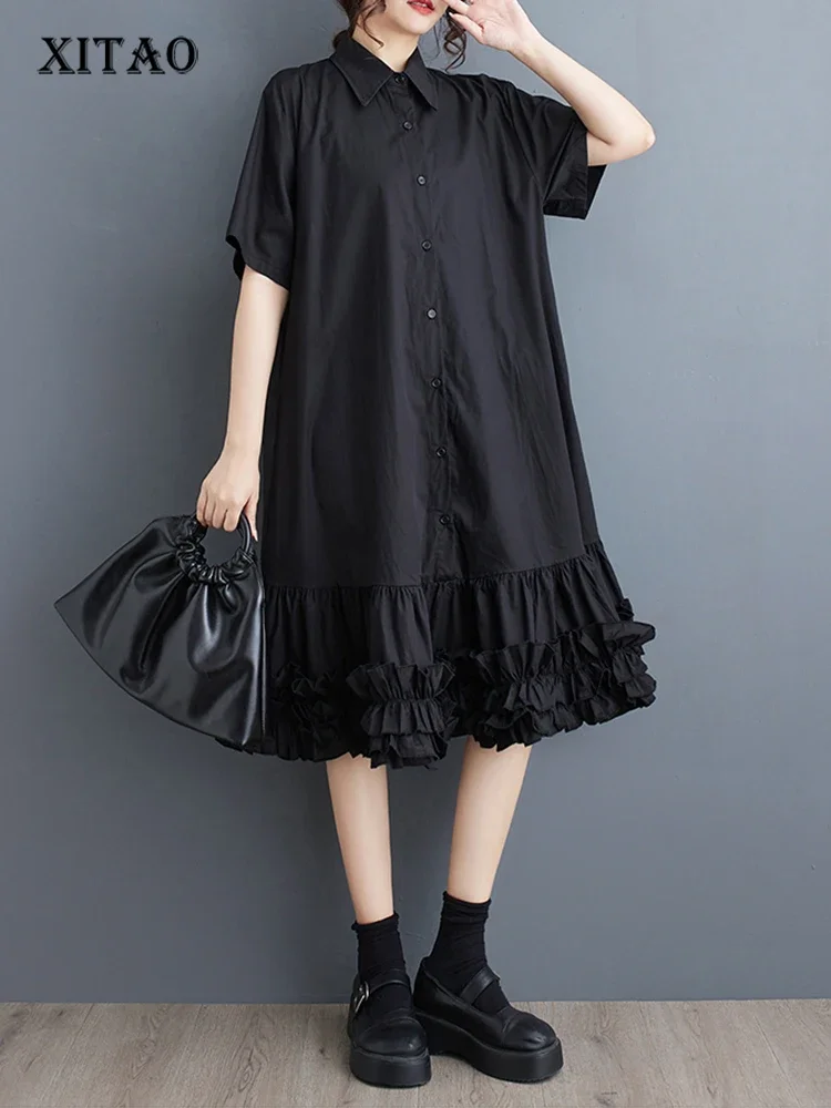 XITAO Casual Shirt Dress Black Simplicity Fashion Splicing Flounced Edge Hem Women Summer New Turn-down Collar Dress WLD20126