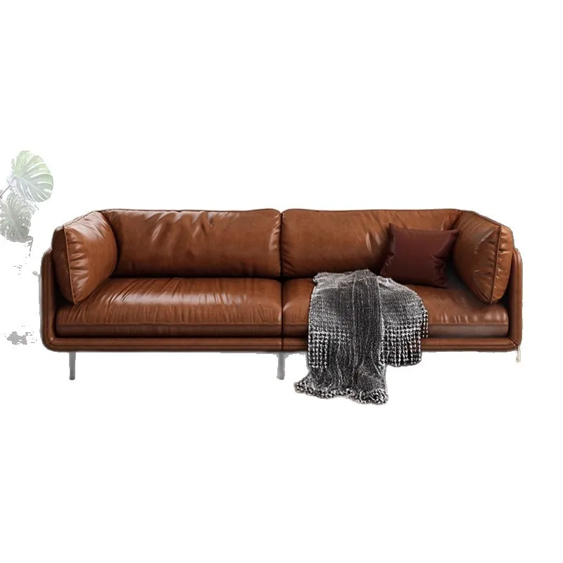 Sofa living room small apartment first layer cowhide oil wax leather straight row three people