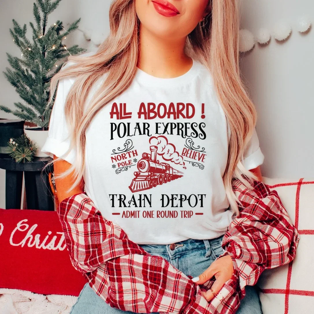 All Aboard Polar Expres Train Depot Fashion Trend 90s New Year Clothes Pattern Women's Printed Top T-Shirt O-Neck Style T-Shirt