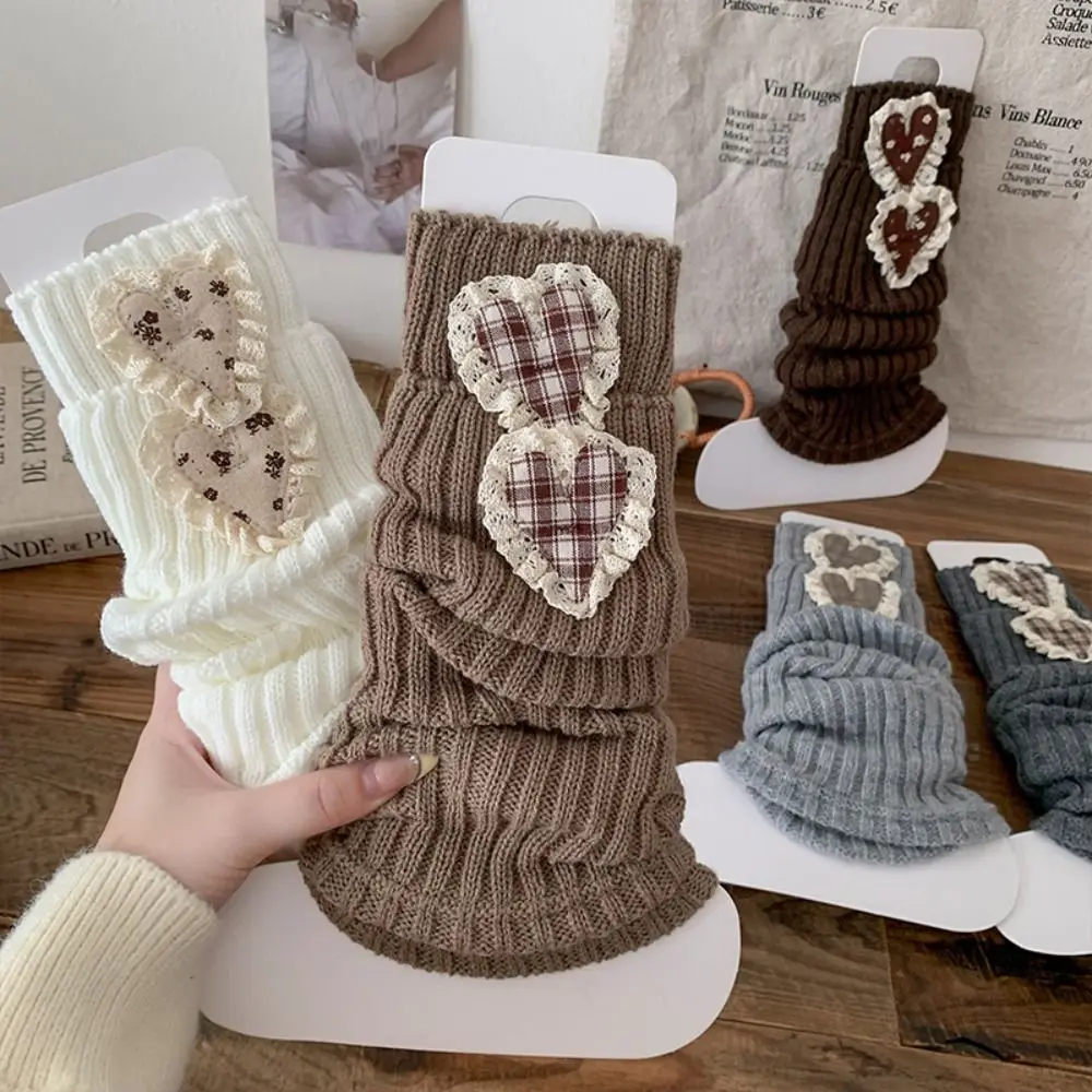 Retro Love Heart Leg Warmers Knitted Solid Color Lolita Long Socks Thickened Keep Warm Mid-Calf Sock Winter