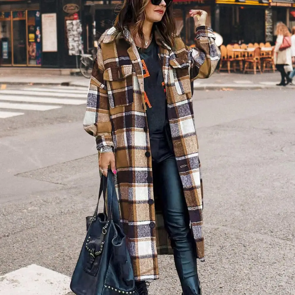 

Women Jacket Lape Plaid Print Long Sleeve Shirt Coat Mid Length Single-breasted Loose Thick Warm Streetwear Lady Commute Coat