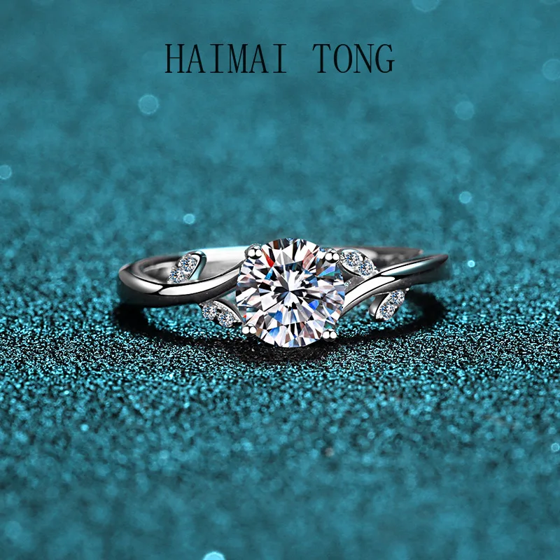 HAIMAITONG New Deyi pt950 platinum Mossan Stone Women's Ring leaf four claw ring with one carat ring Valentine's Day gift