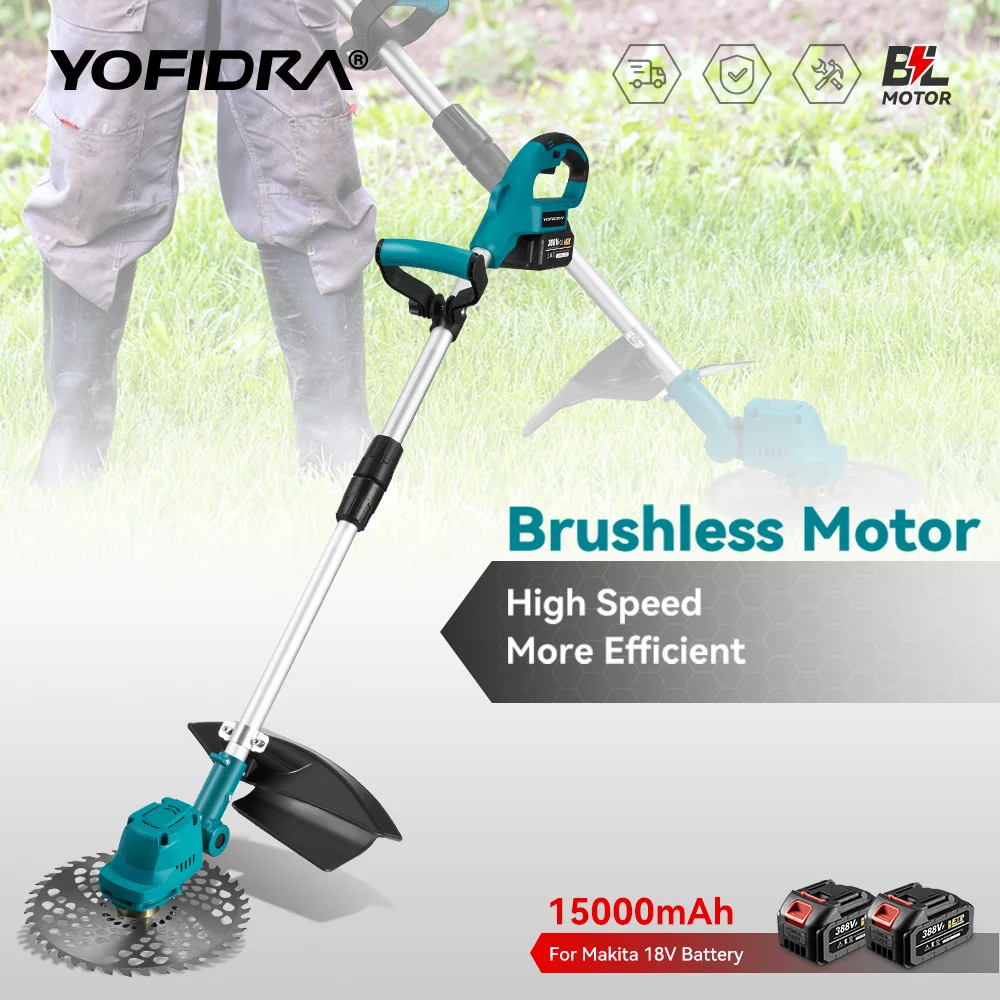 YOFIDRA Brushless 9 Inch Electric Lawn Mower 36000RPM Cordless Grass Trimmer Length Adjustable Garden Tool For Makita 18V Batter