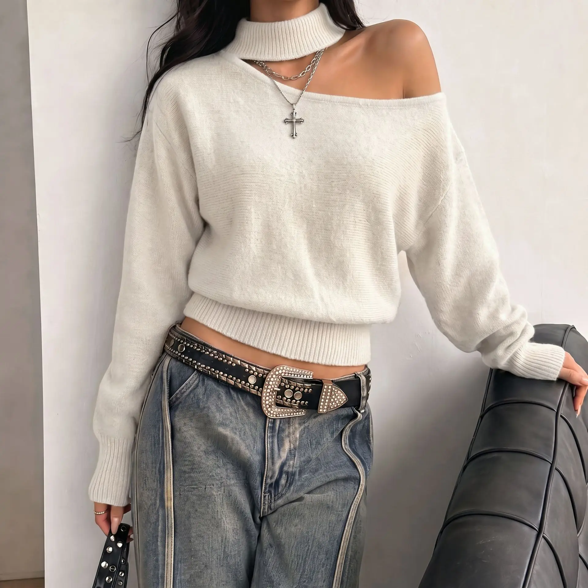 Women's 2026 Autumn Winter New Off Shoulder Mock Neck Loose Slouchy Long Sleeve Knit Top Cashmere Chic Trendy Vintage Jumper
