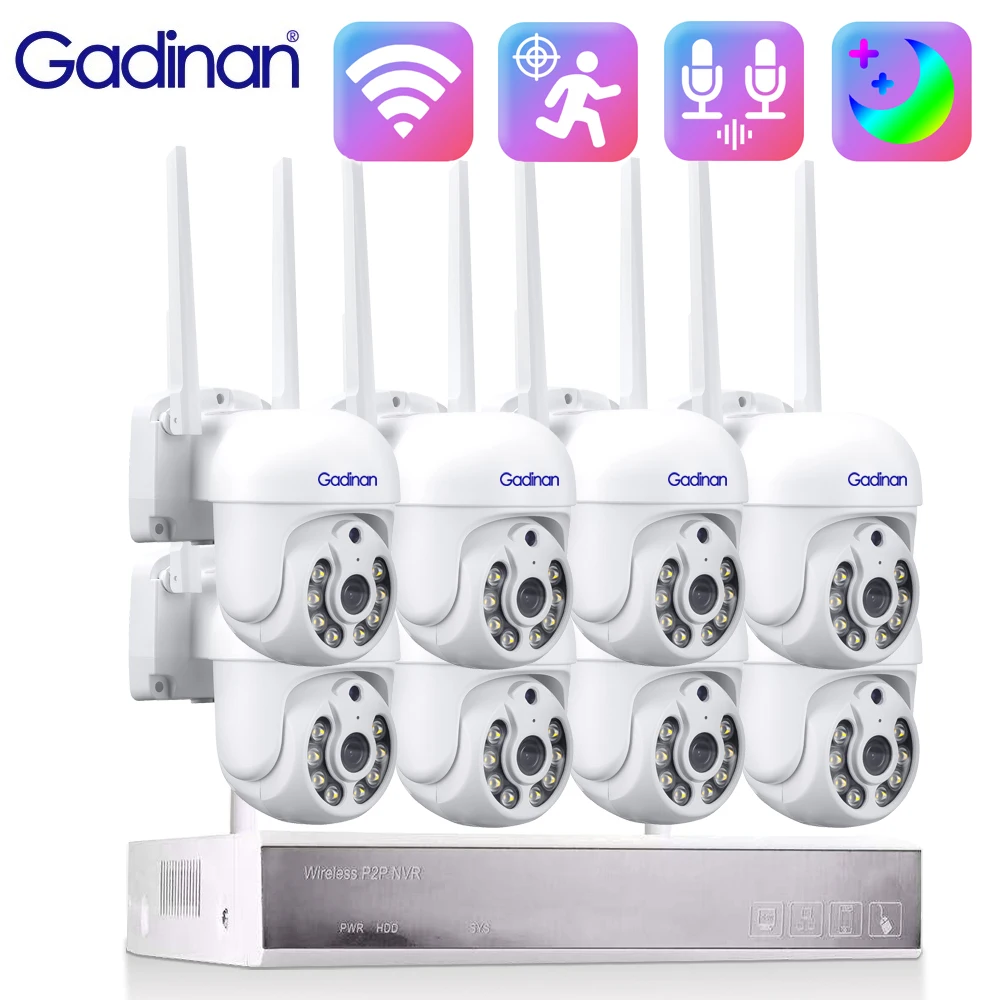 Gadinan 8CH 3MP HD WIFI IP Camera Lntelligent Humanoid Detection Wireless NVR Two-Way Audio Waterproof Security P2P Camera Kit