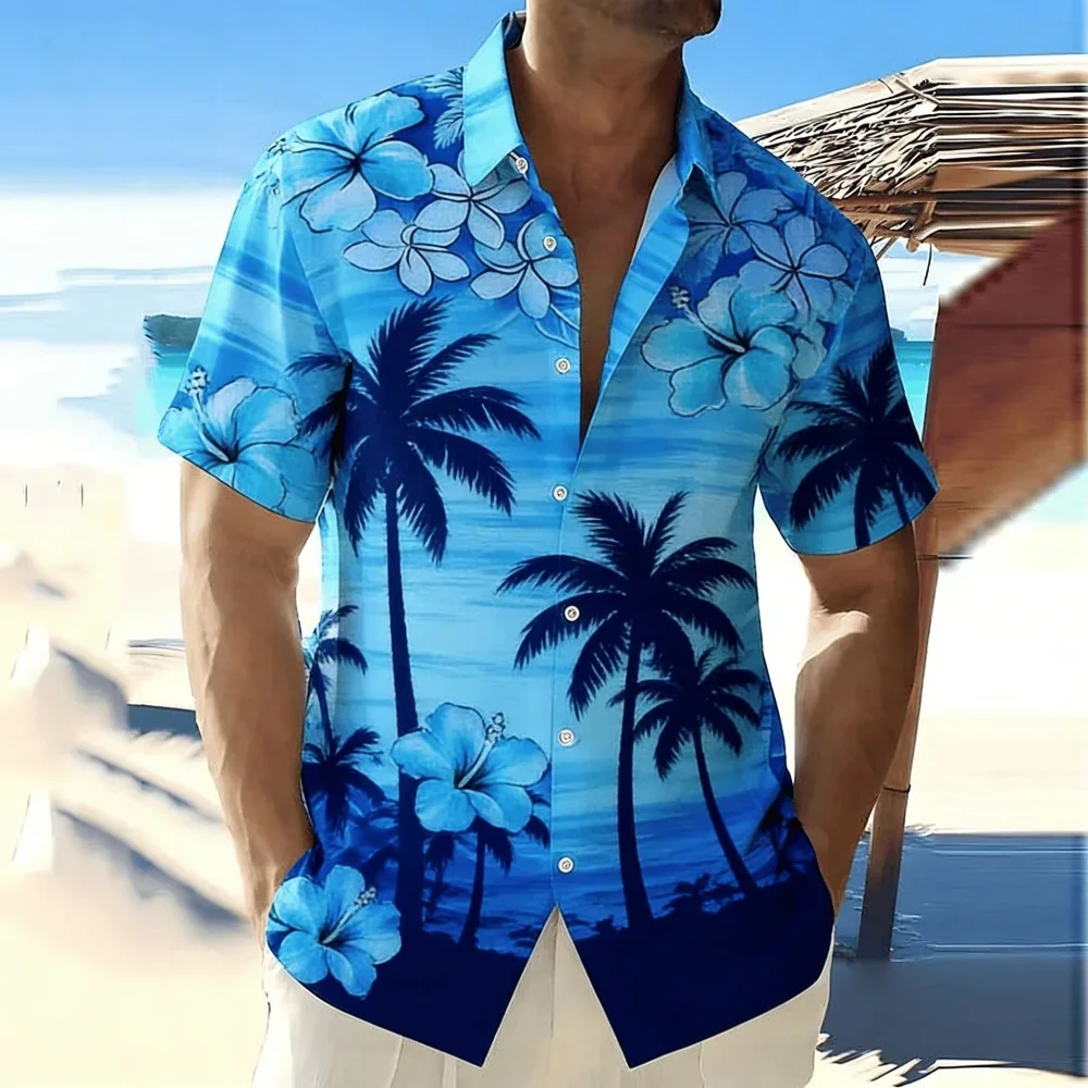 Men's Gradient Blue Coconut Tree Print Short Sleeve Shirt Spring Summer Fresh Hawaiian Vacation Casual Top Pocket Lapel Style