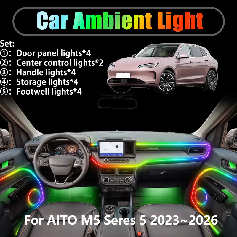 

Для AITO M5 Seres 5 2023 ~ 2026 2/18 в 1 Автомобильное окружающее освещение Светодиодные внутренние светодиодные фонари багажника USB RGB Ensemble Streamer Автозапчасти