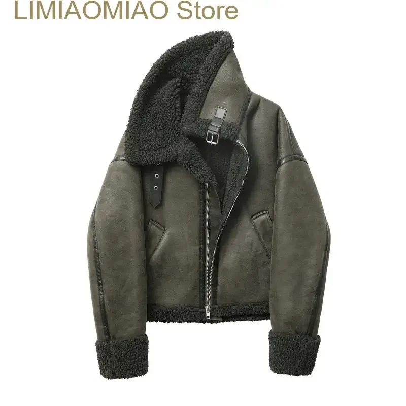 New women's thickened warm fur integrated grab fleece double-sided jacket jacket women's biker top