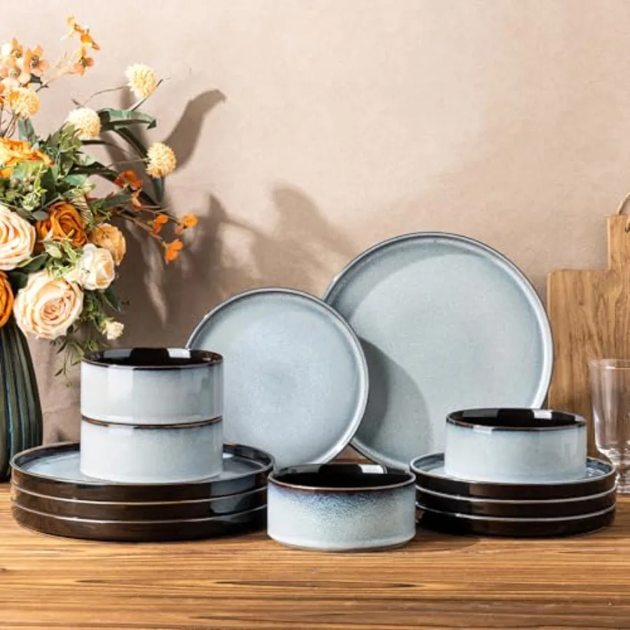 

Ceramic Dinnerware Sets for 4Round Reactive Glaze Ceramic Plates and Bowls Set Dishwasher and Microwave Safe Dishes Set 12pc