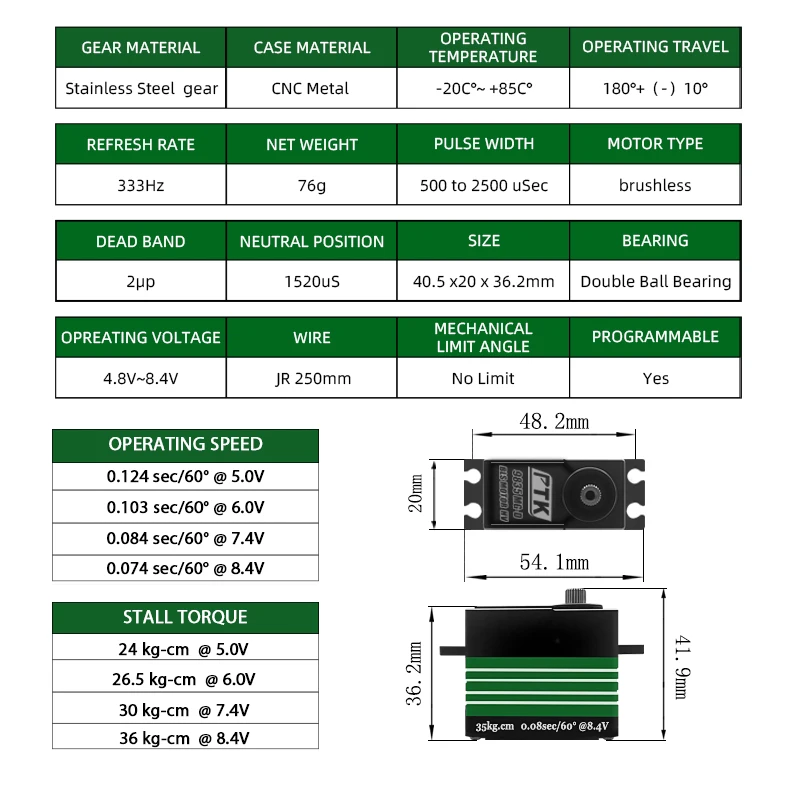 Servo de motor sin escobillas PTK 9835 mg-d, engranaje totalmente metálico HV, ala fija, servo de torque alto estándar UAV, 36kg